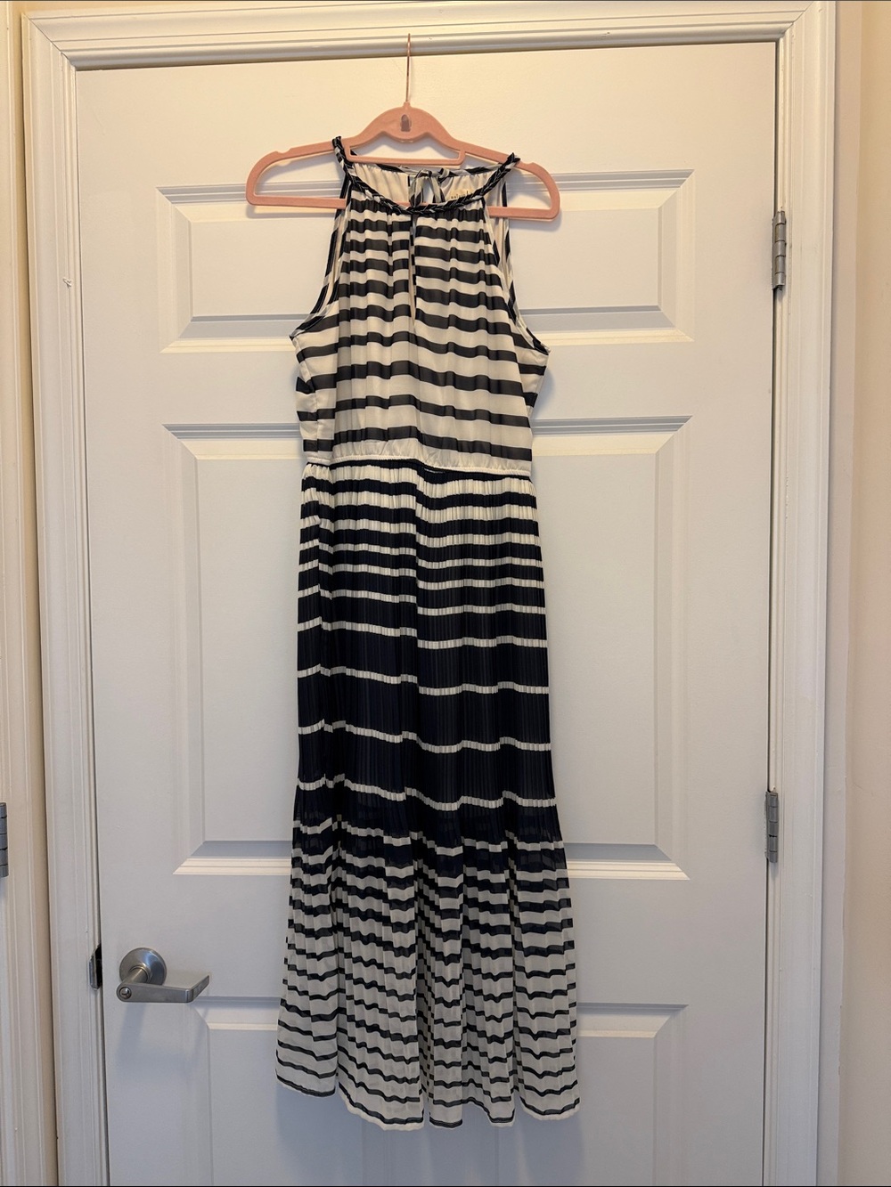 Black and White Striped Halter Maxi Dress